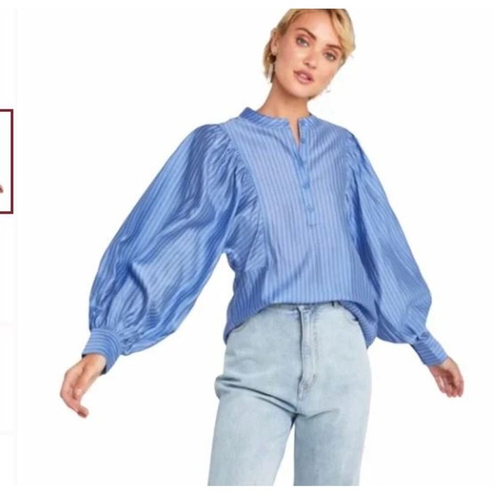 CAARA Maglie Blue Pinstripe Dolman Puff Sleeve Blouse